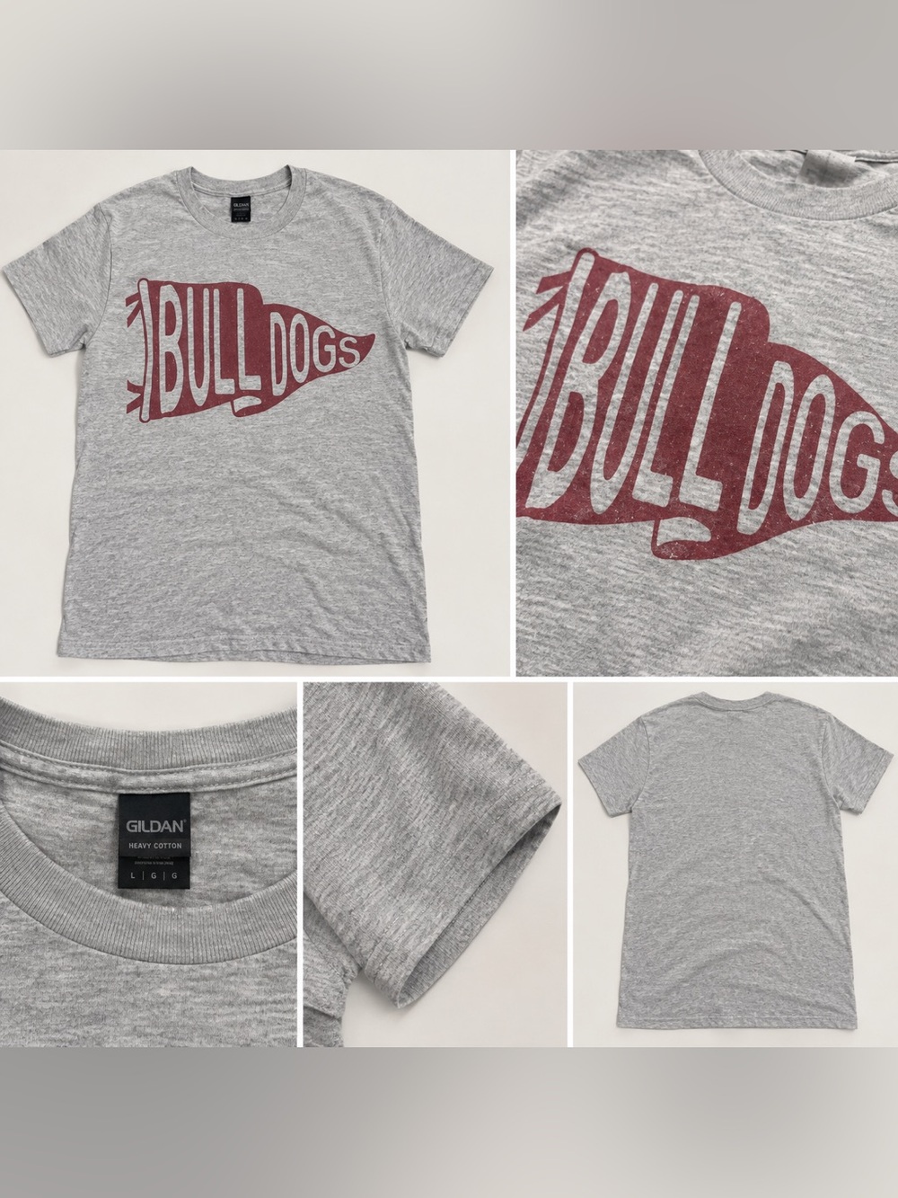 Gildan Heather Gray T-Shirt with Maroon Bulldogs Pennant Graphic